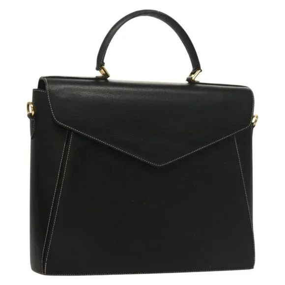 Salvatore Ferragamo Hand Bag Leather Black Gold Auth
